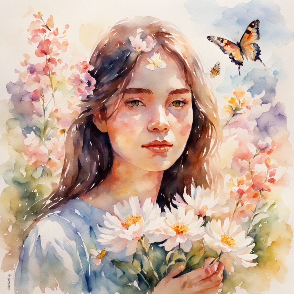 Woman in Impressionist Watercolor Masterpiece with Flowers a...