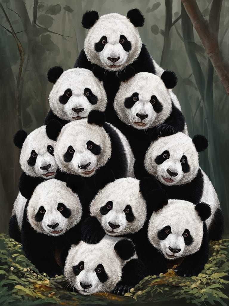 Panda Pyramid in Dark Velvet Painting Style