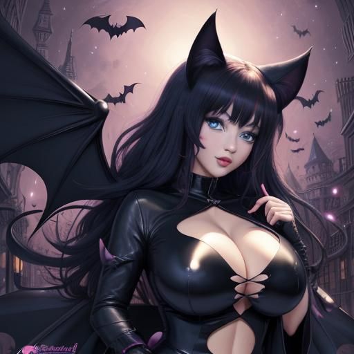 Anime Cat Woman with Bat Wings in Candy Art