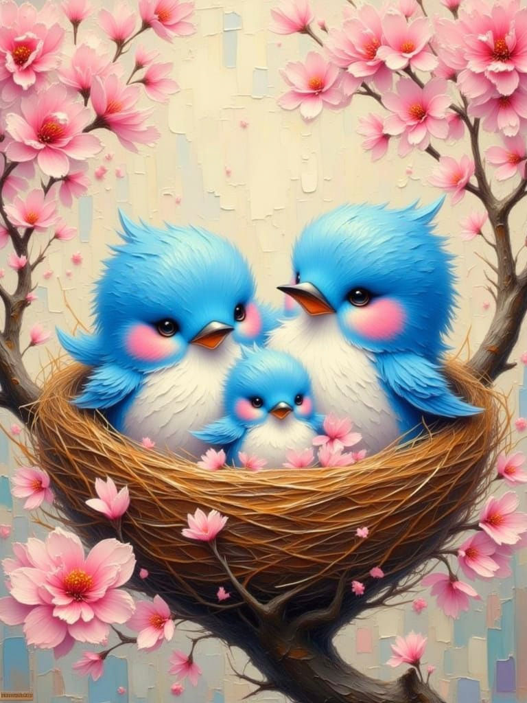 Joyful Bluebirds in Sakura Tree, Impasto Style