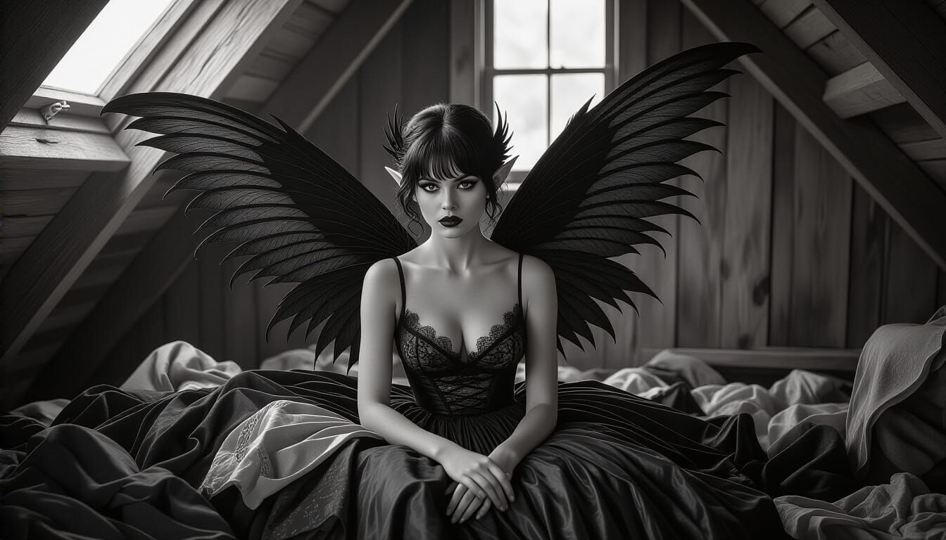 Dark Macabre Fairy Pinup in Abandoned Attic