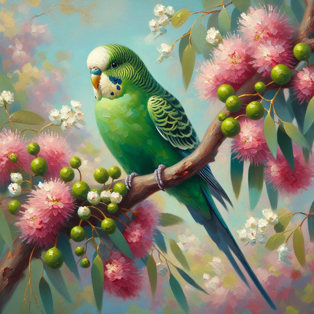 Close up of a green budgie in a pink  flowering gum tree. De...