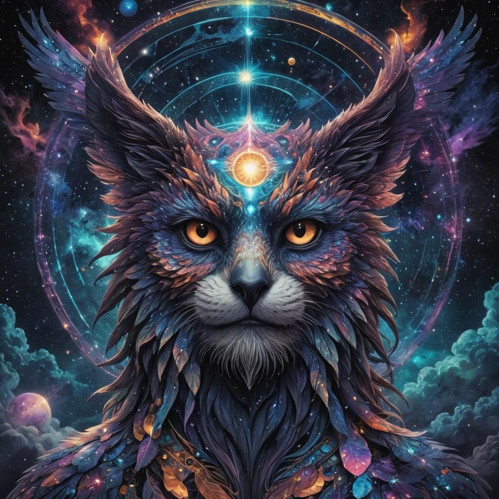 Holographic Eagle in Astral Cosmos: Mixed Media Illustration