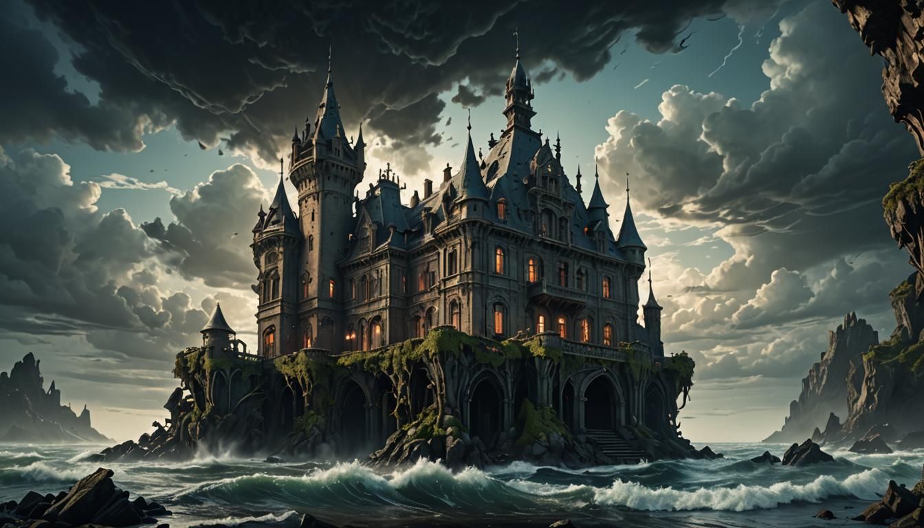 Dark Fantasy Chateau on Jagged Peninsula in Digital Art