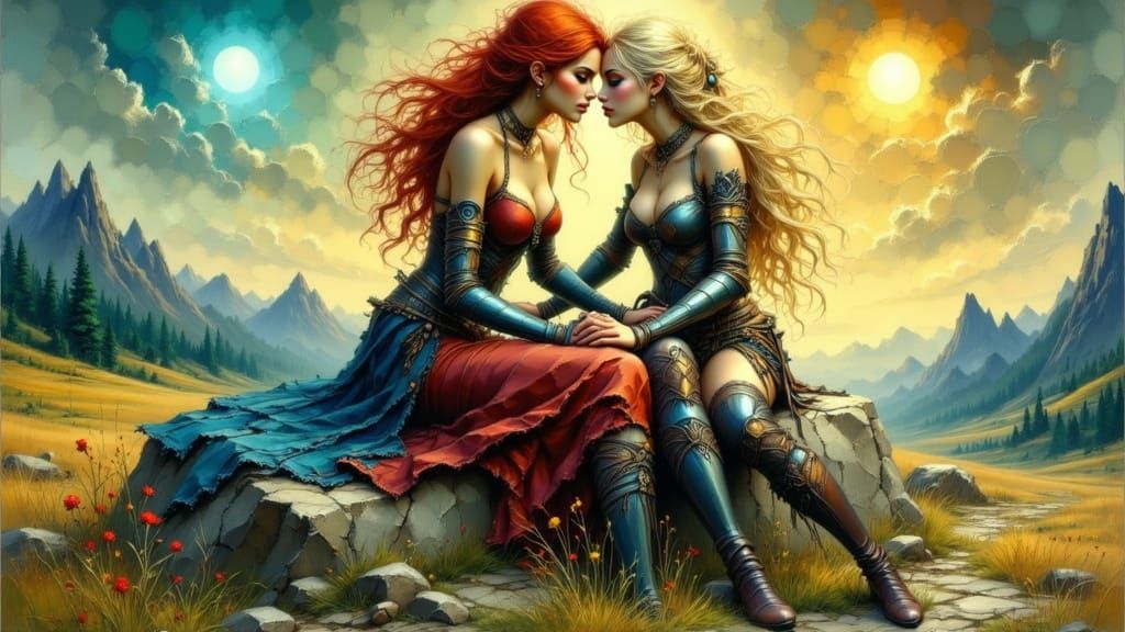 Embracing Warriors Under Twin Moons in Digital Art