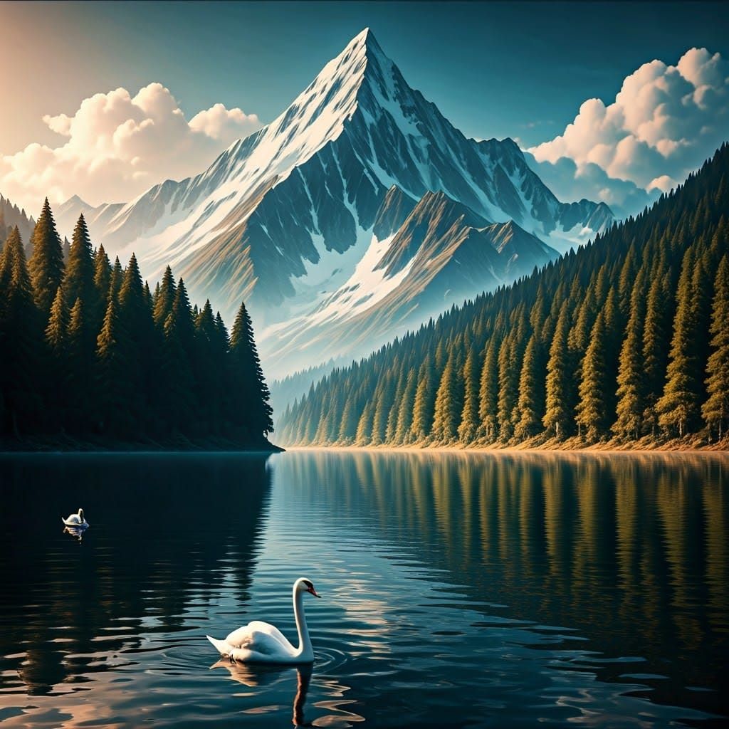 Fantasy Lake with Swans and Snowy Alps