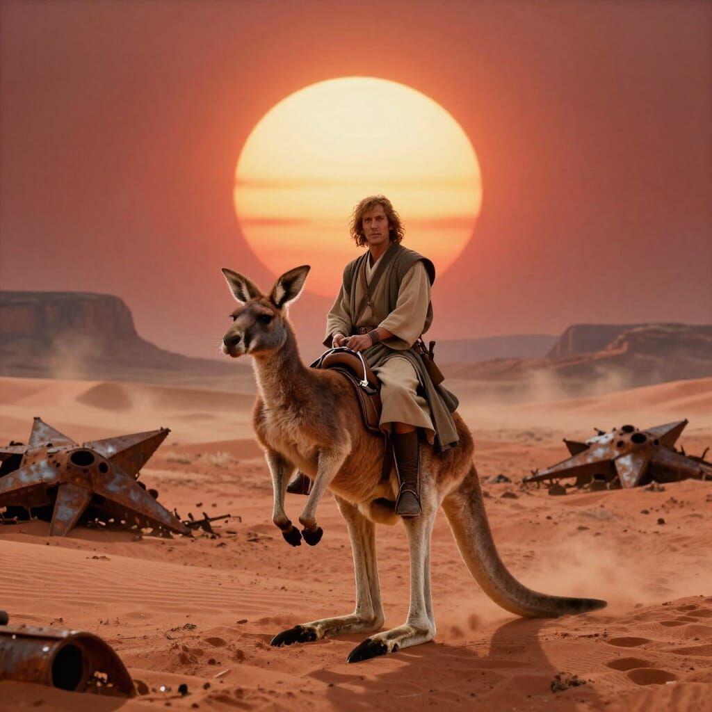Jedi Warrior Rides Giant Kangaroo in Desert Landscape
