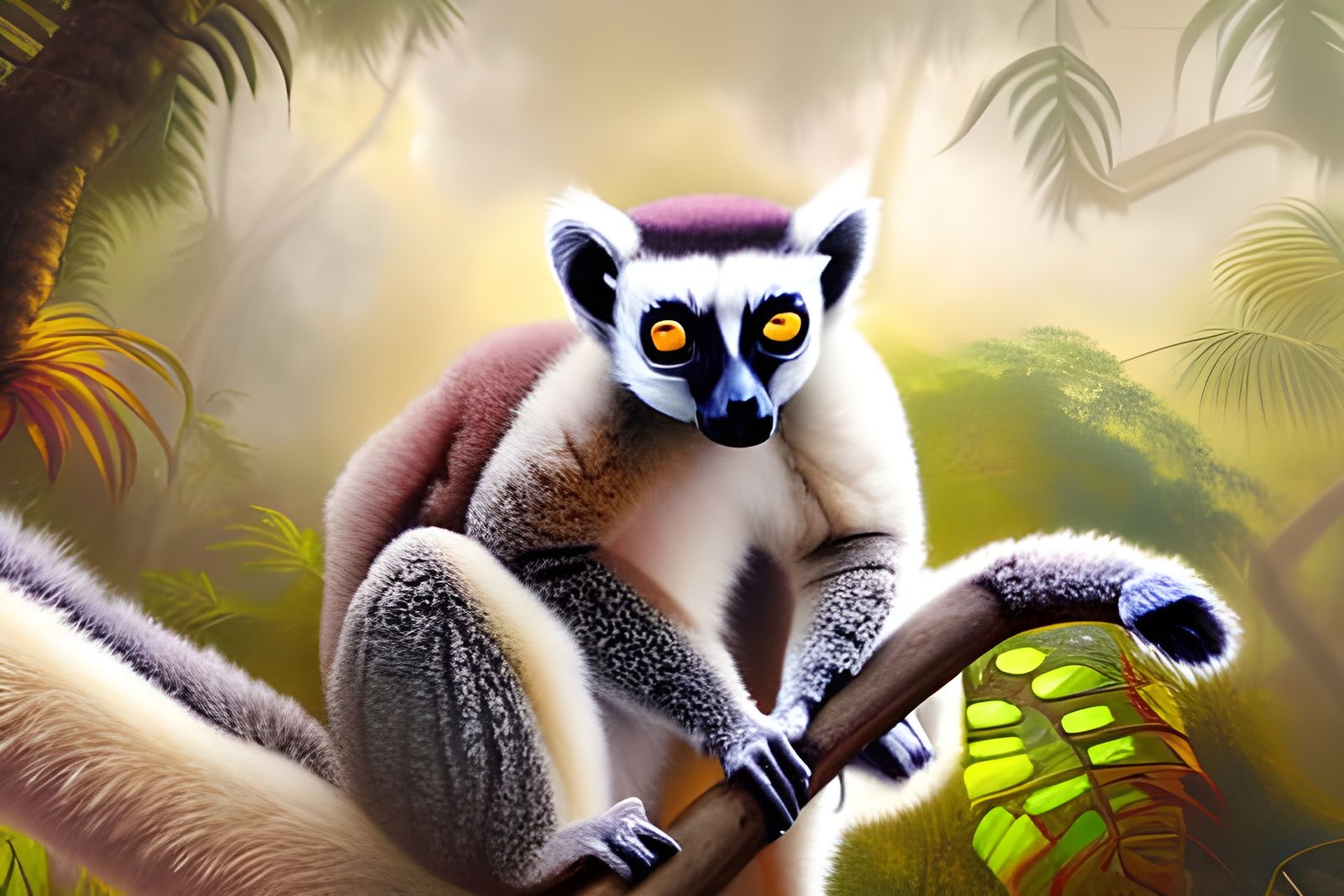 Lemur in Fantasy Tropical Forest Oil Painting