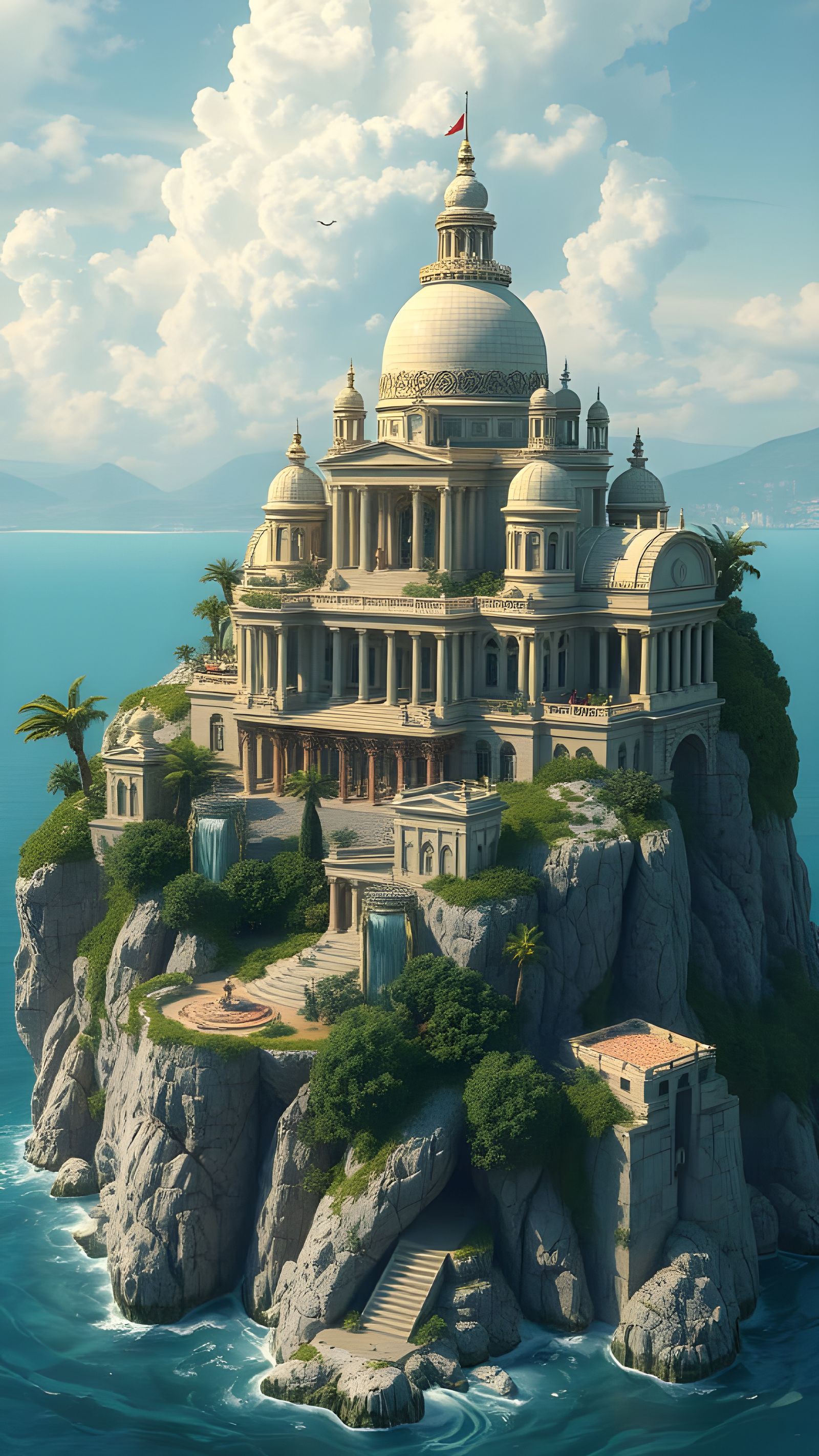 Fantasy Greek City on Lush Island in Stalenhag Style