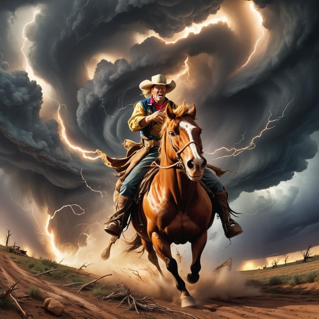 Pecos Bill Rides Tornado in Comic Book Style
