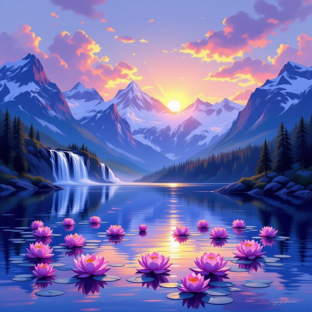 Breathtaking Sunrise Over Snow Mountains with Waterfalls and...