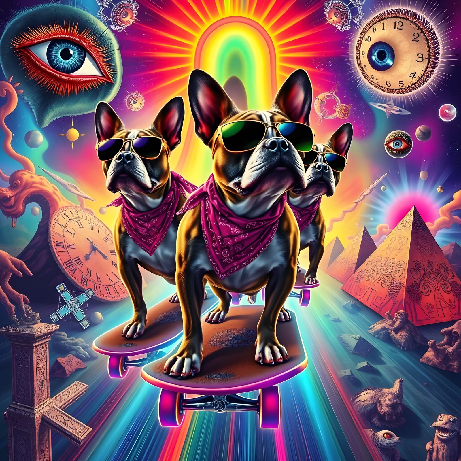 Psychedelic Staffordshire Bull Terriers Ride Rainbow Vortex