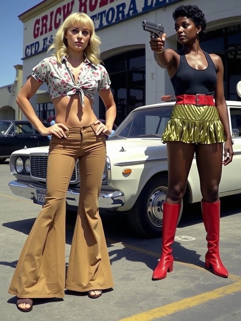 Retro Style Women Posing with White Car