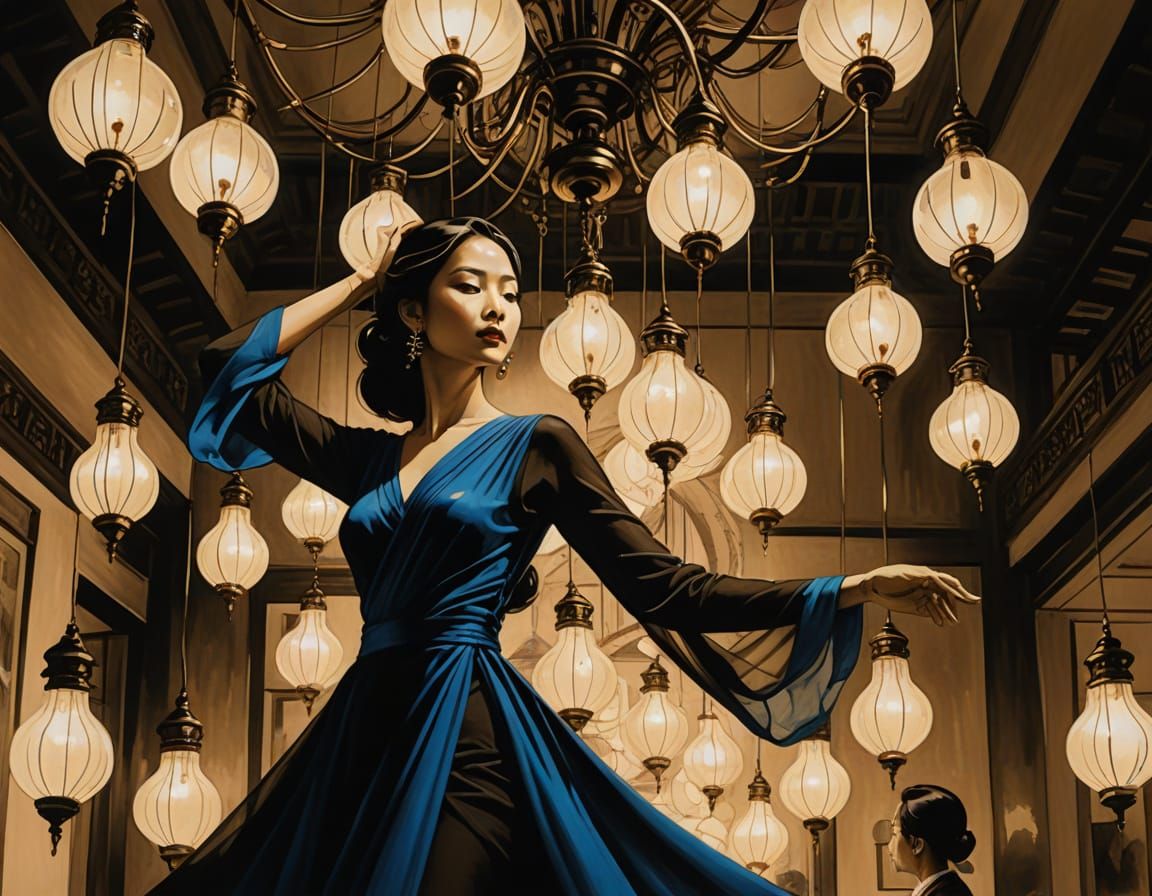 Dreamlike Indian Ink Reverie of Woman Under Chandelier