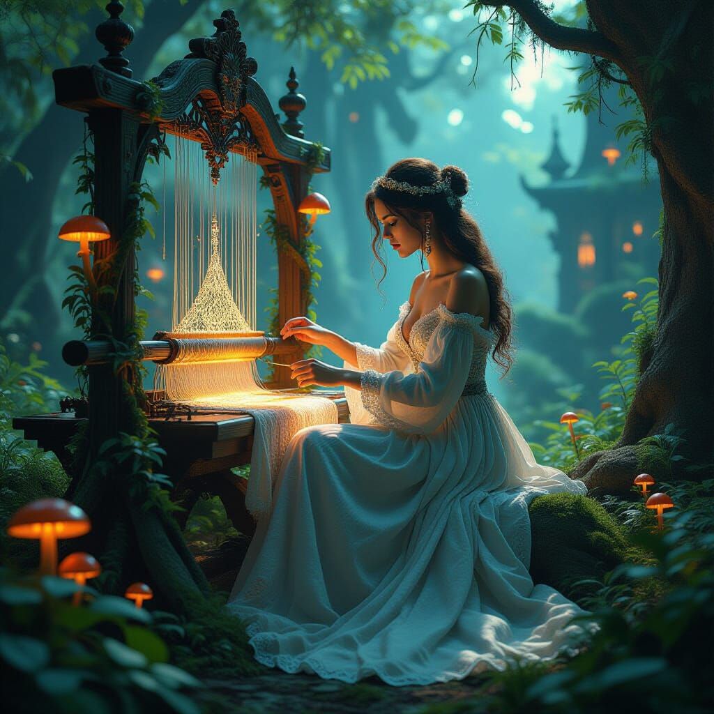 Woman Weaving Bioluminescent Threads in Solarpunk World