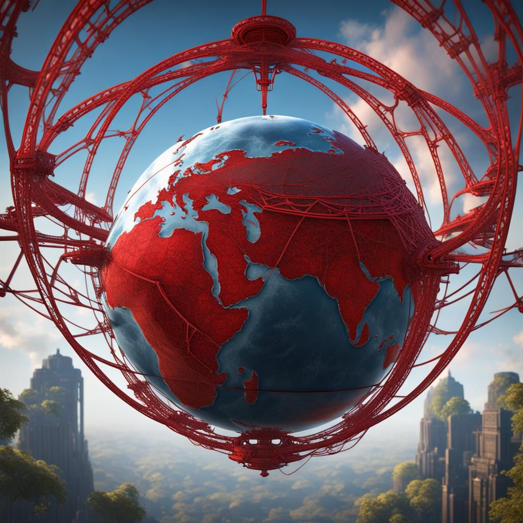 Globe with Red Mesh Overlay and Airplane