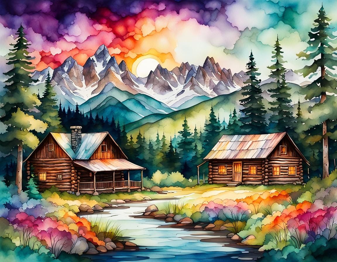Log Cabin and Barn in Mountain Forest Watercolor
