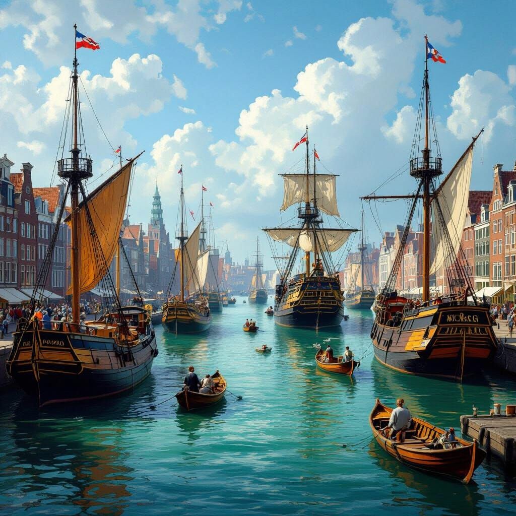 17th Century Dutch Harbor with Merchant Ships in Realistic O...