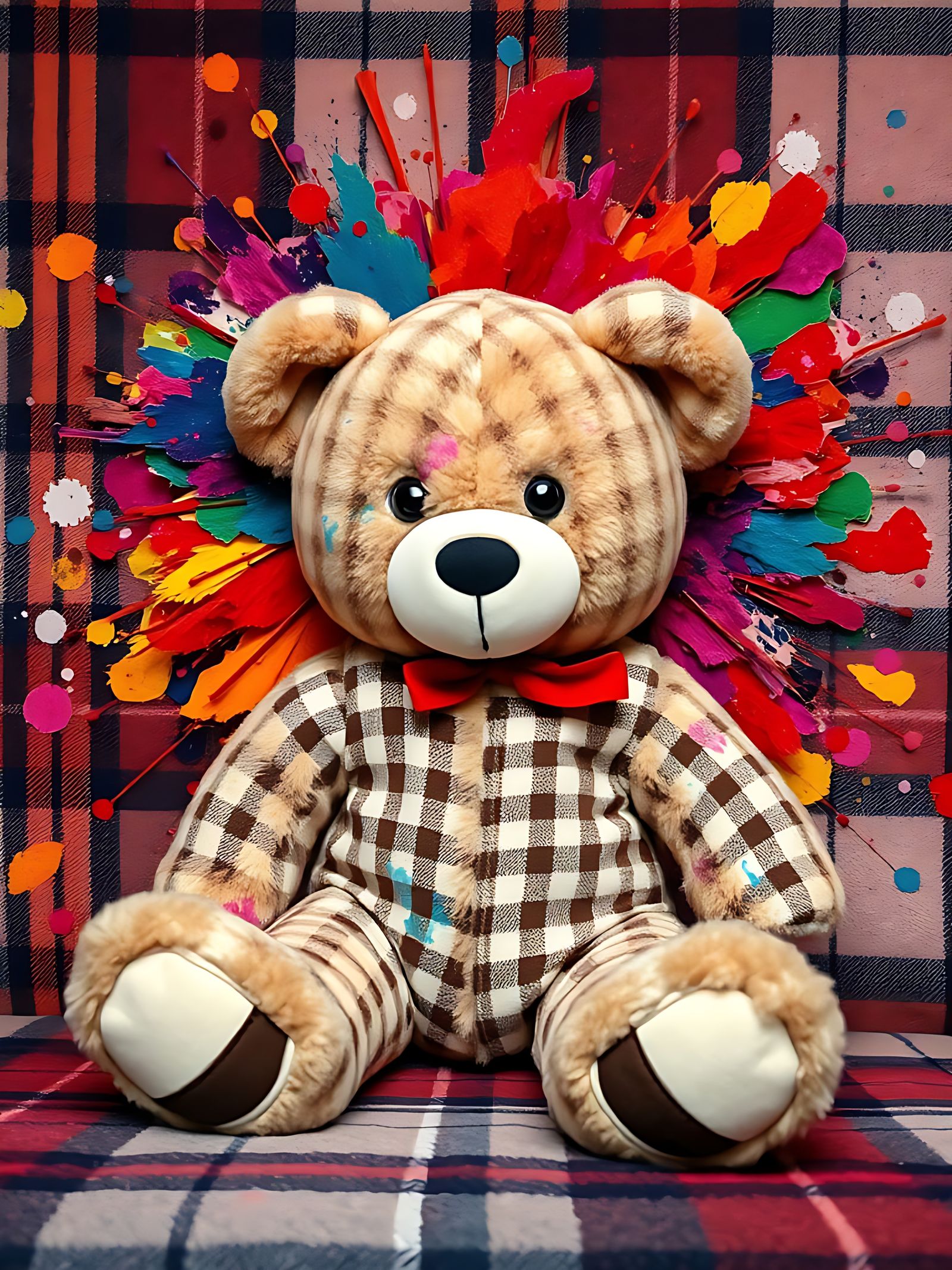 A gingham print teddy bear resting against an explosion of multiple colours spattered on a plaid velvet flock wall.