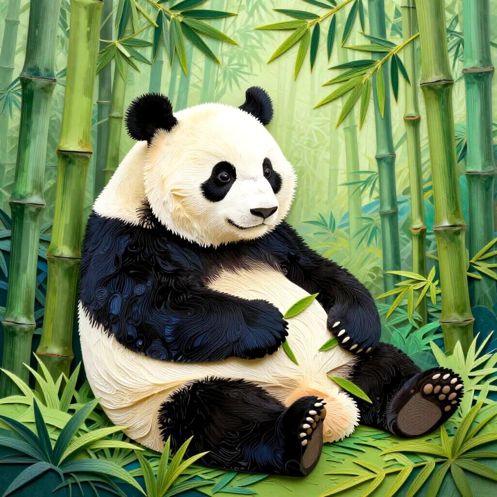 Qinling Panda Relaxing in Bamboo Forest, Art Nouveau Style