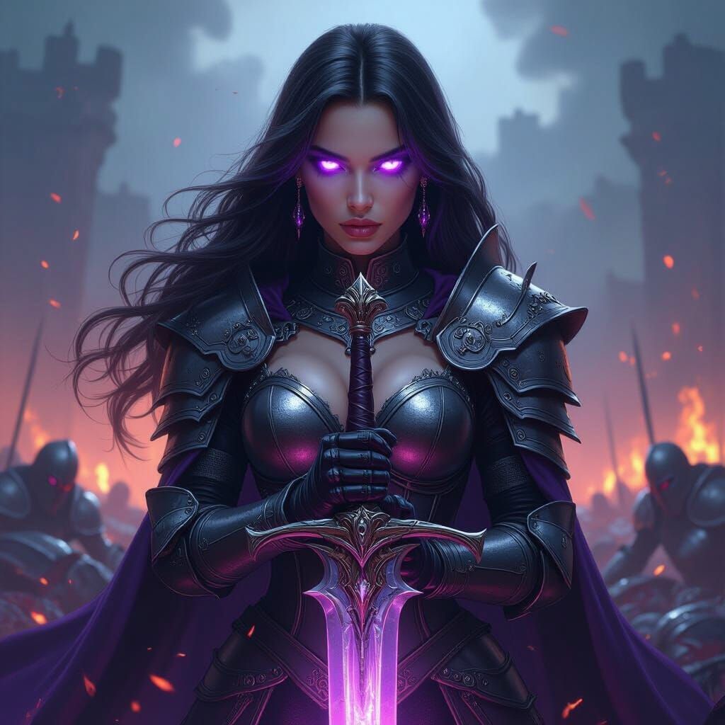Queen in Armor Holds Sword on Battlefield