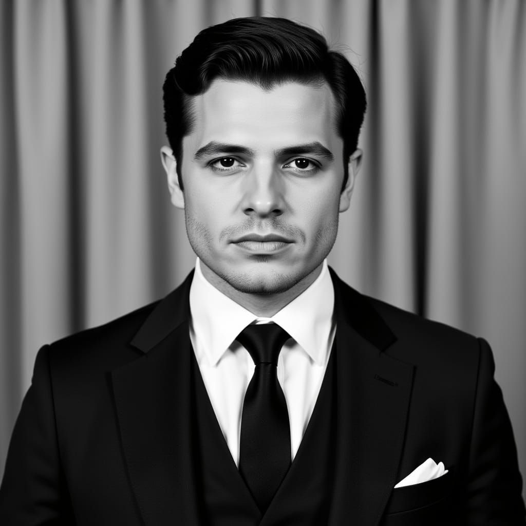 Grayscale Portrait of a Handsome Man in Classic Style