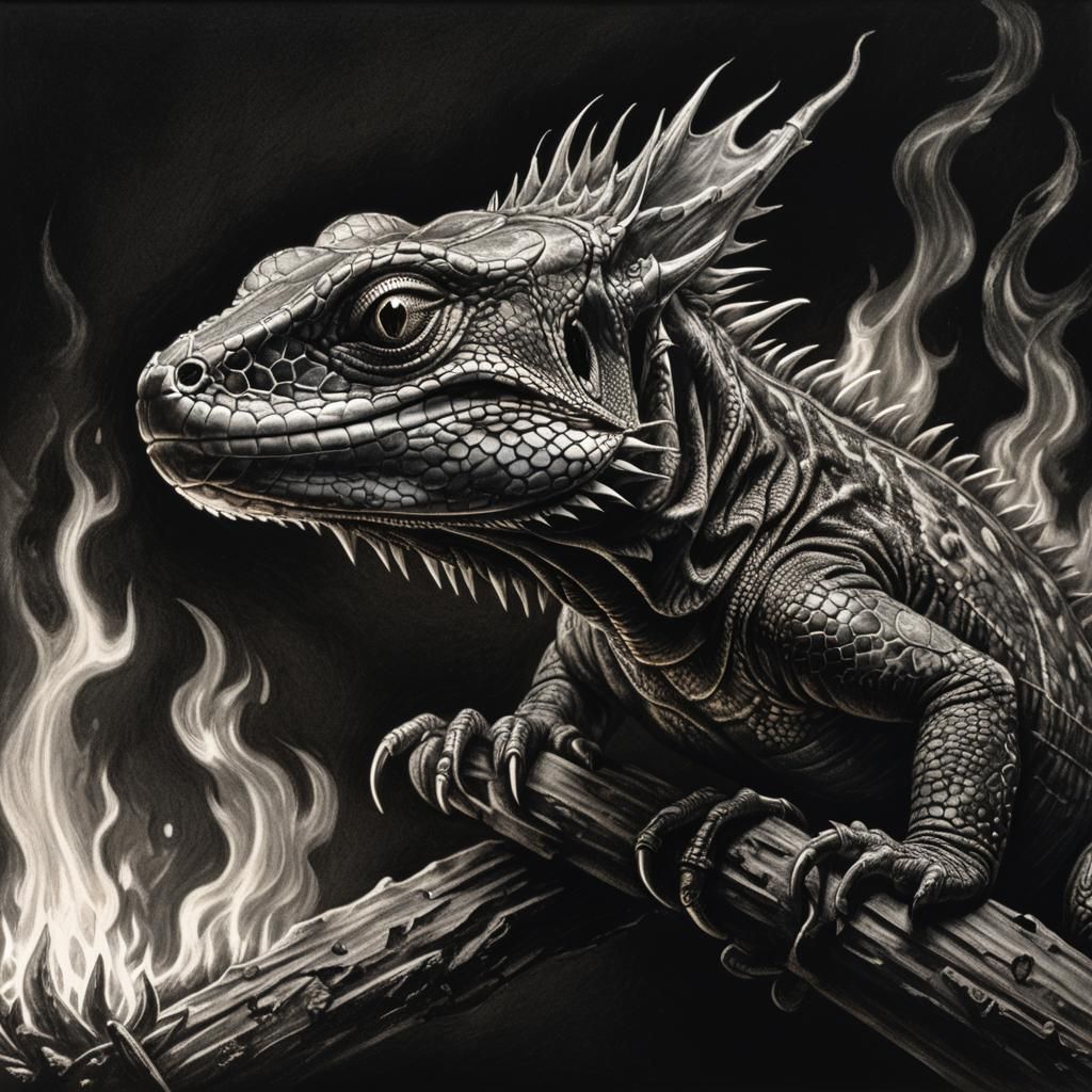 Hyperdetailed Charcoal Lizard on Fire
