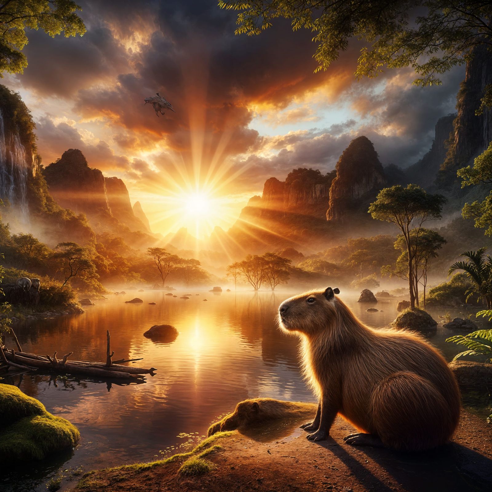 Capybara at Pond During Magical Sunrise