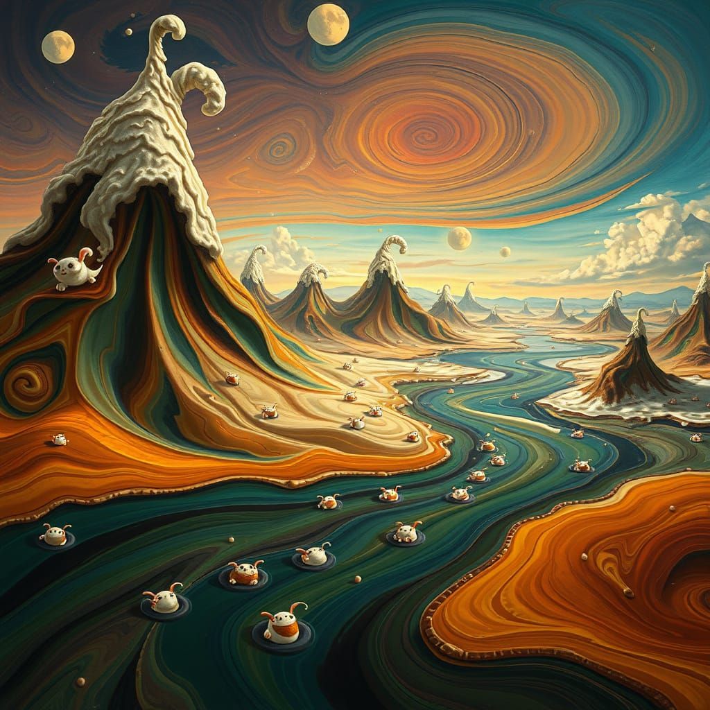 Surreal Coffee Landscape Unfolds with Whimsical Creatures an...