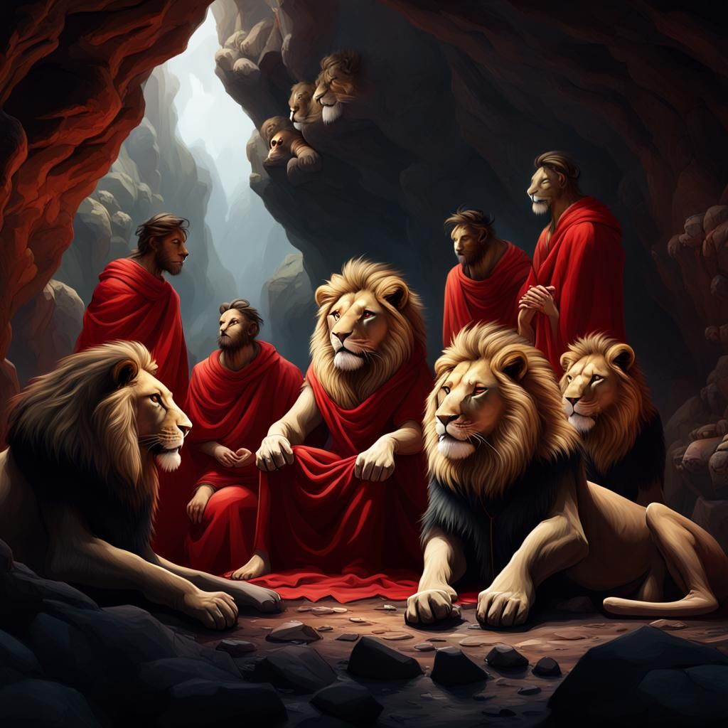 Lions in Cave with Praying Man: Matte Painting