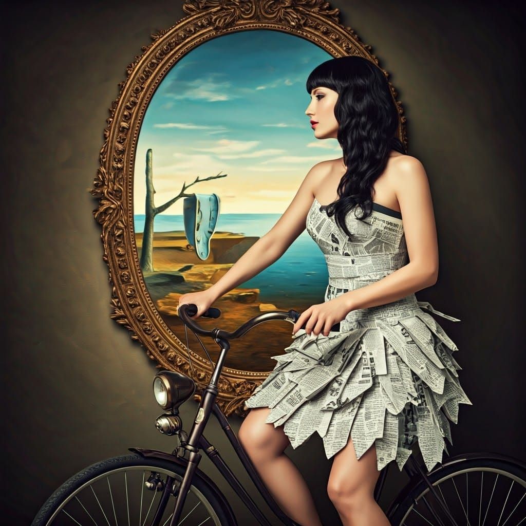 Surreal Newspaper Woman Bicycle Ride in Dream Landscape