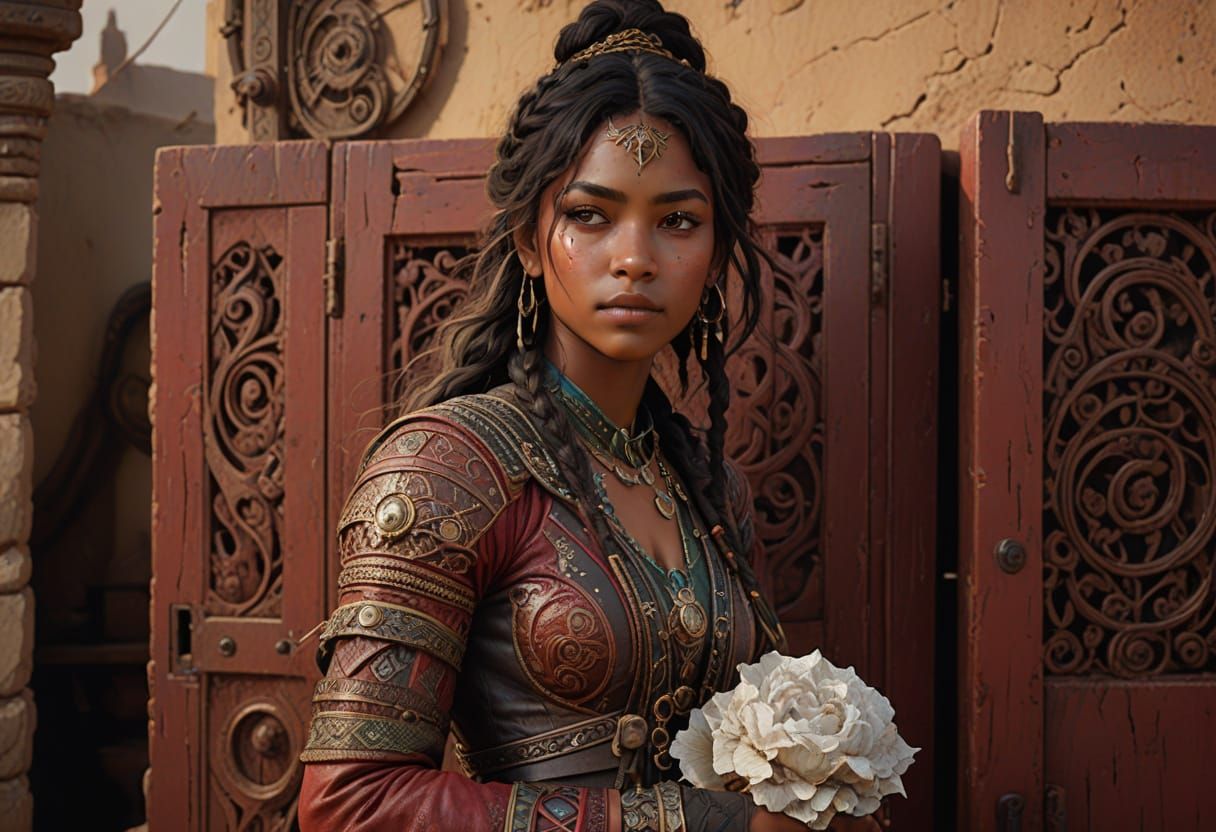 Surreal Fantasy Portrait of Dark-Skinned Teenage Girl Riding...