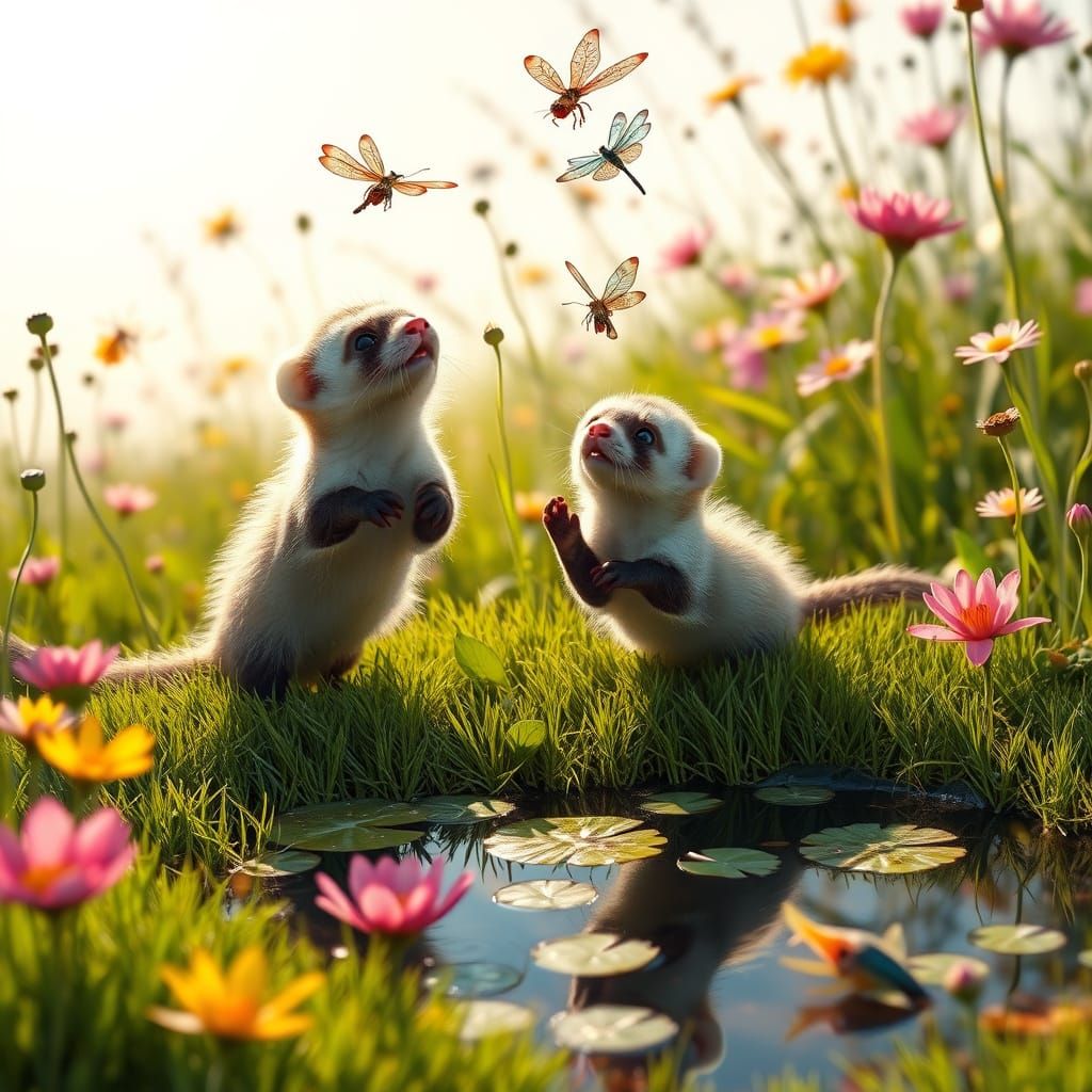Ferret Kits Play with Dragonflies in a Spring Meadow Wonderl...