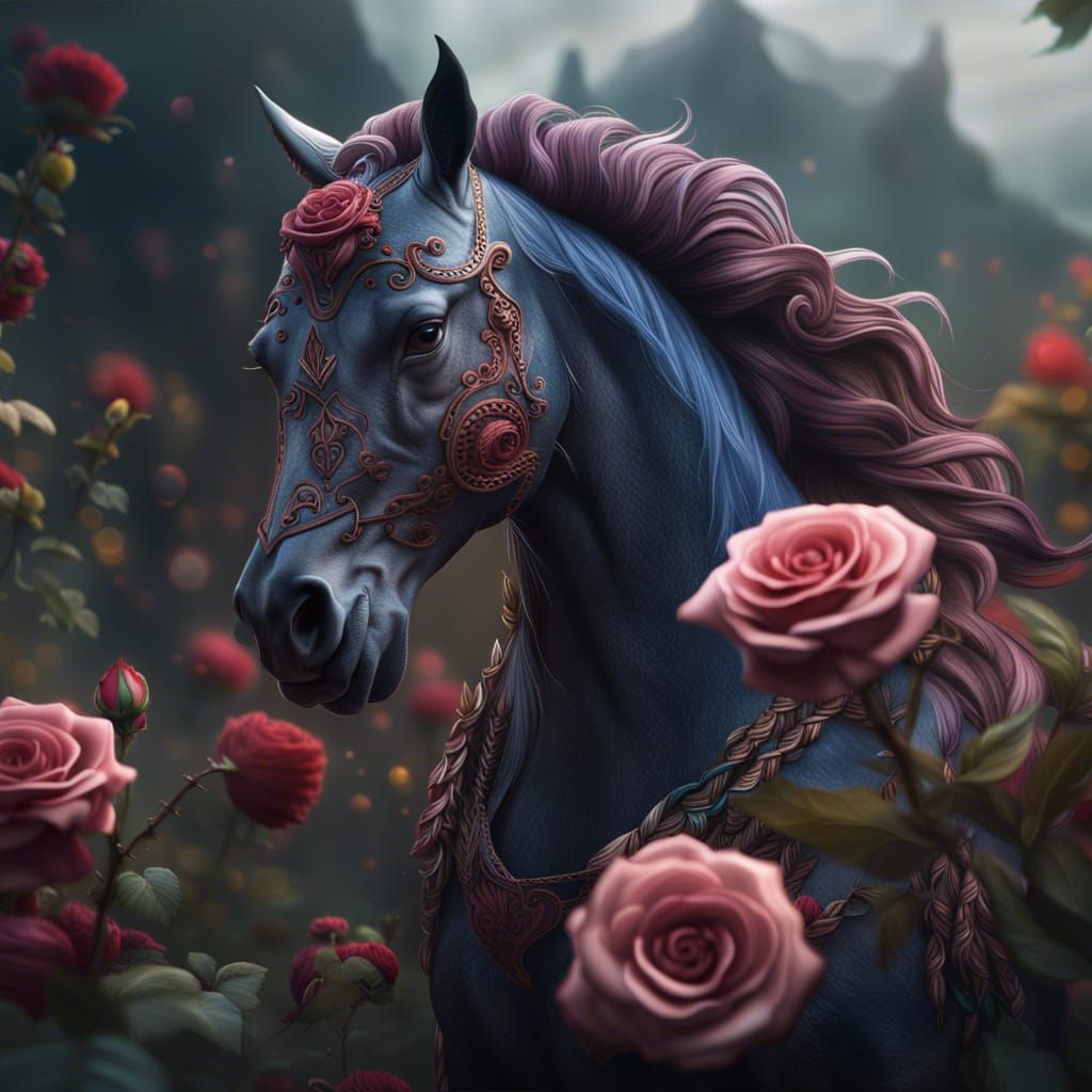 Detailed Horse with Rose: Fantasy Concept Art
