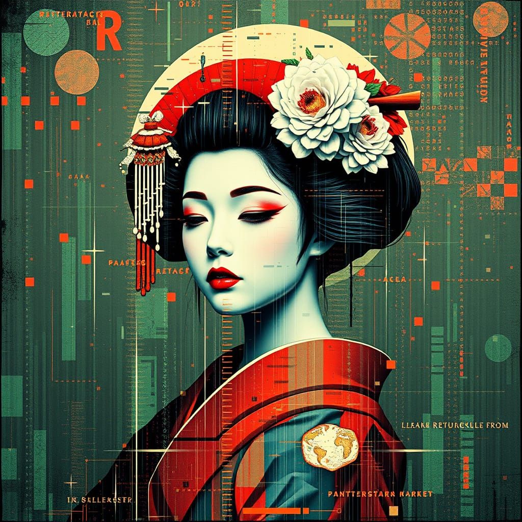 Geisha. Glitch art. Background pixelated background, with di...