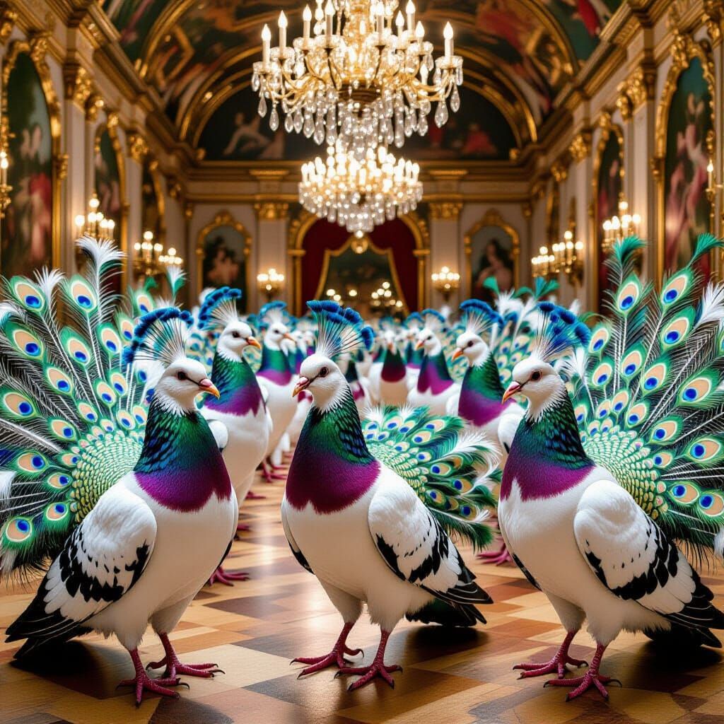 Pigeons in Peacock Costumes in Baroque Ballroom