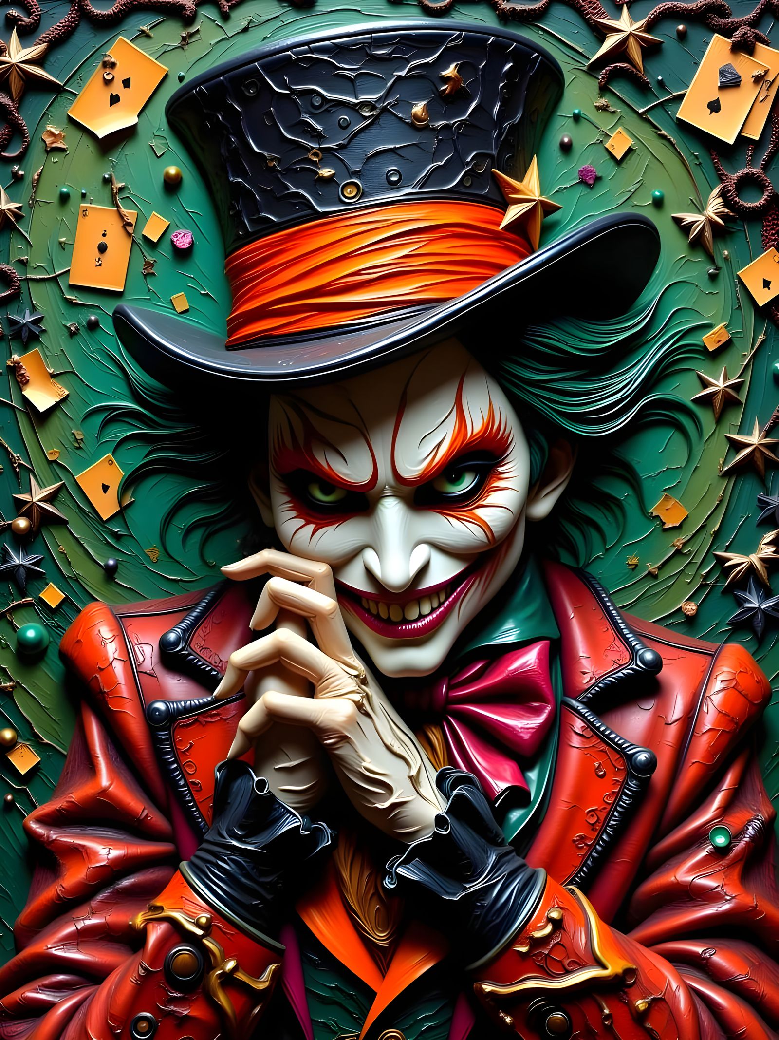 Surreal Oil Painting of Enigmatic Figure with Twisted Smile