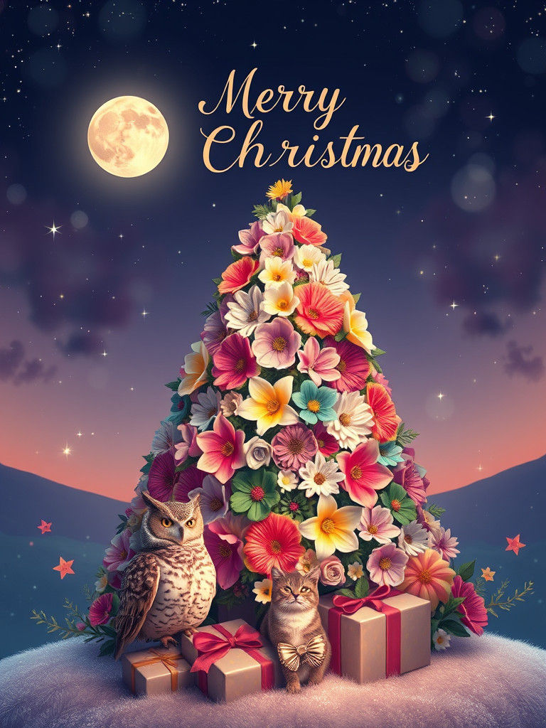 Enchanted Christmas Night Floral Tree Scene