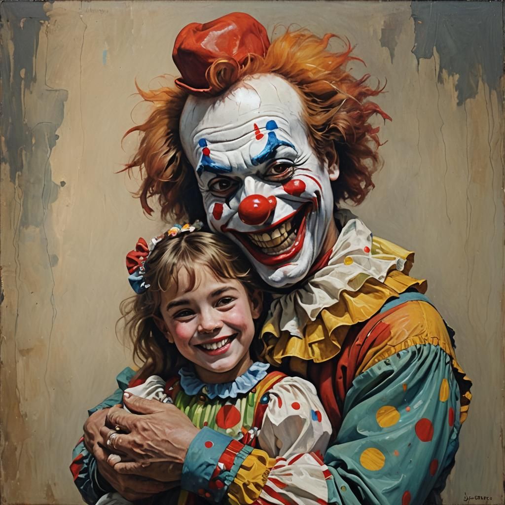 Clown and Girl Hug: An Oil Painting