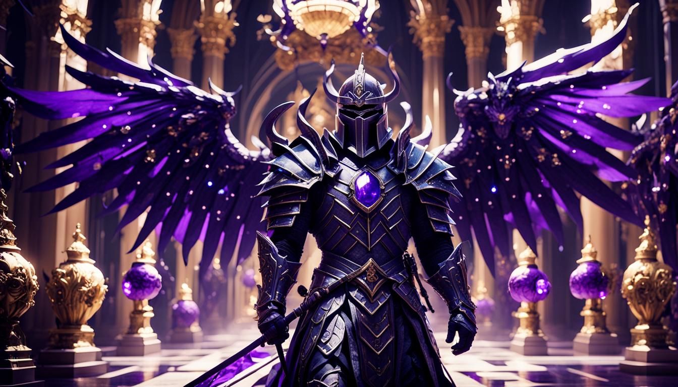 Winged Royal Knight in Grand Hallway: Cinematic Film Still