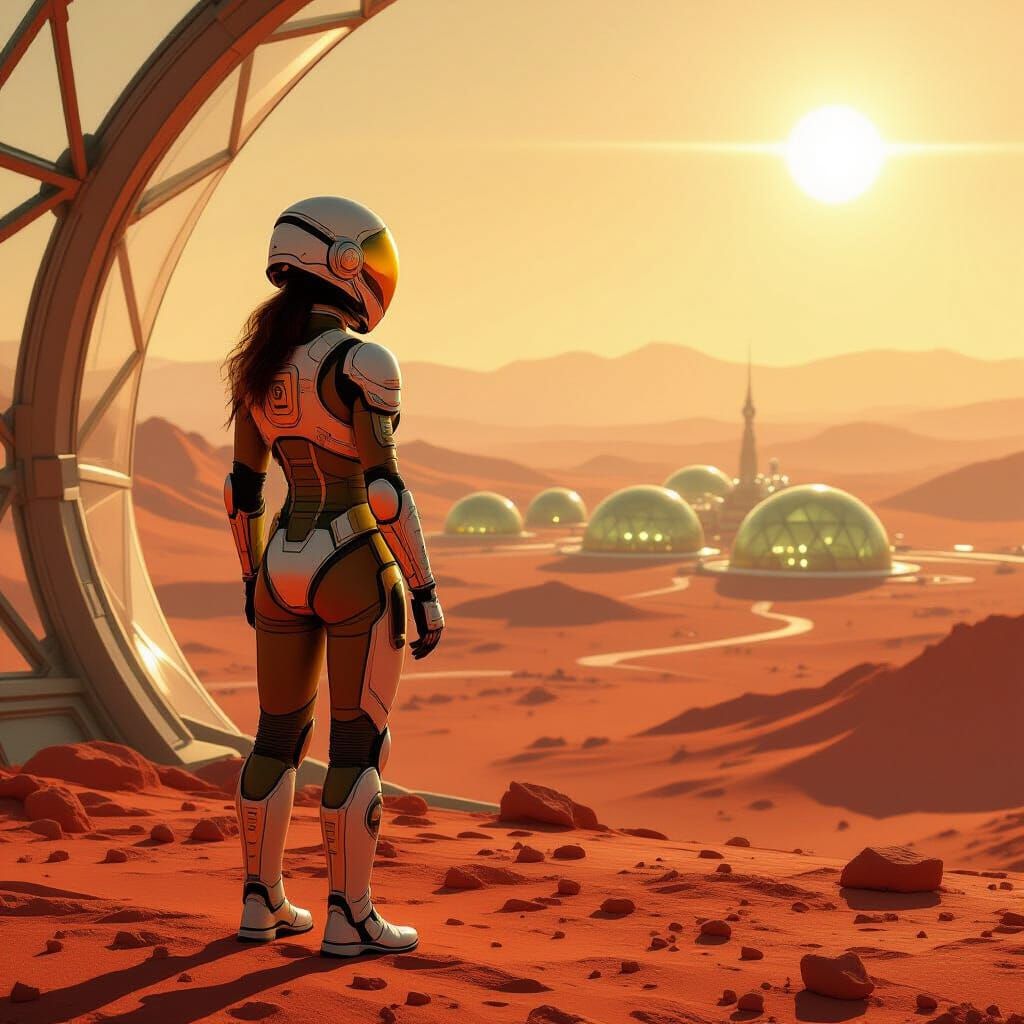 Woman on Mars Under Dome in Sci-Fi Landscape