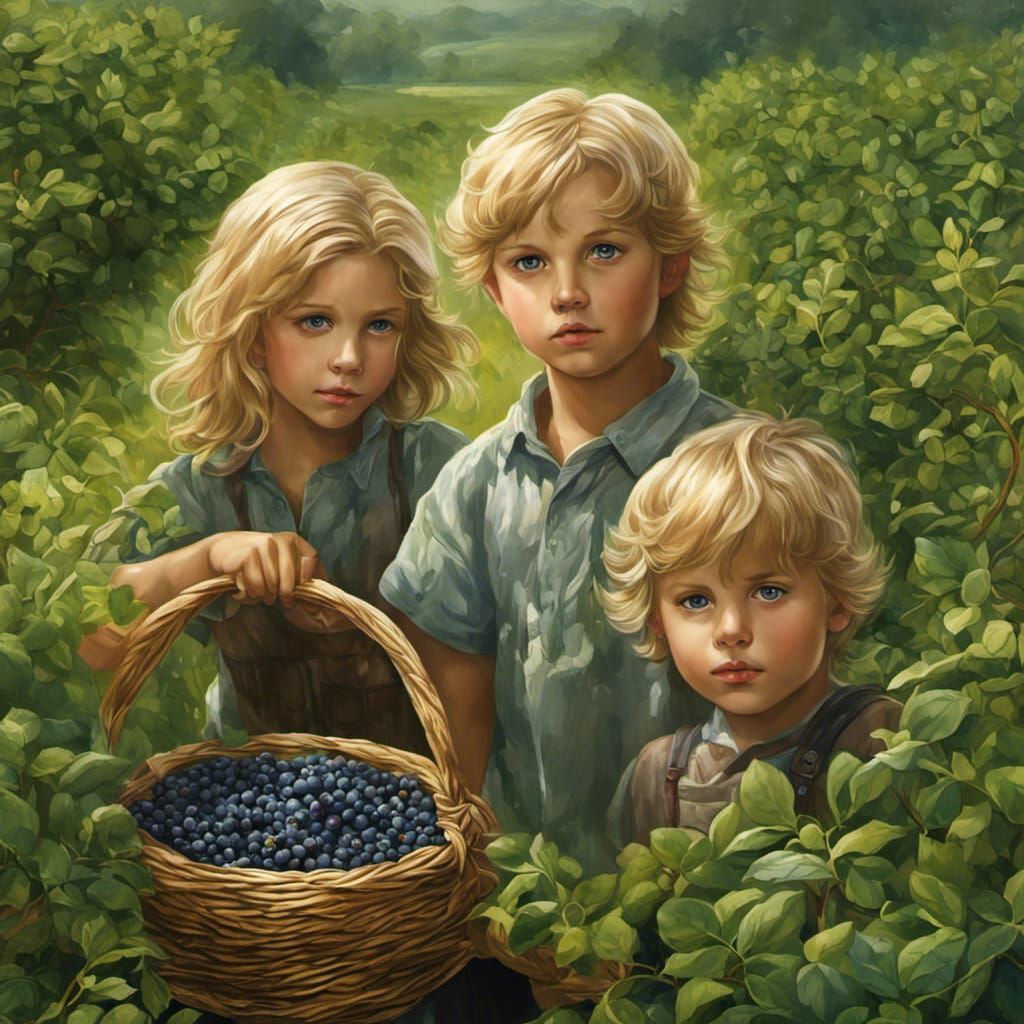 Two boys and a girl, light hair, green eyes, picking blueberries in a field, 16k resolution, crisp, clear, multi layered...