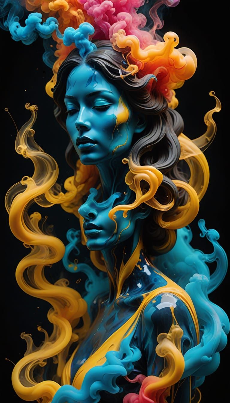 Surreal Sculpture of a Woman in Vibrant Smoke