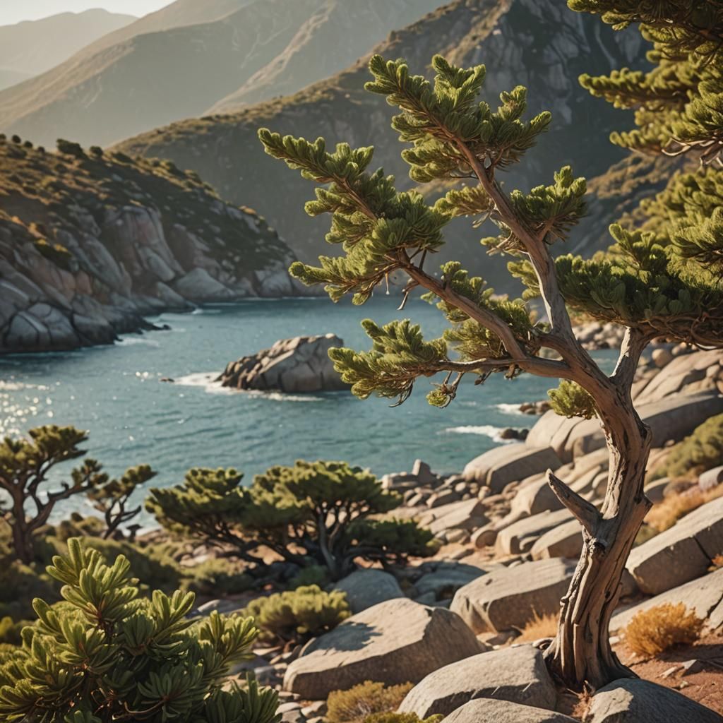Rocky Beach Landscape with Juniper Trees in Sunlight