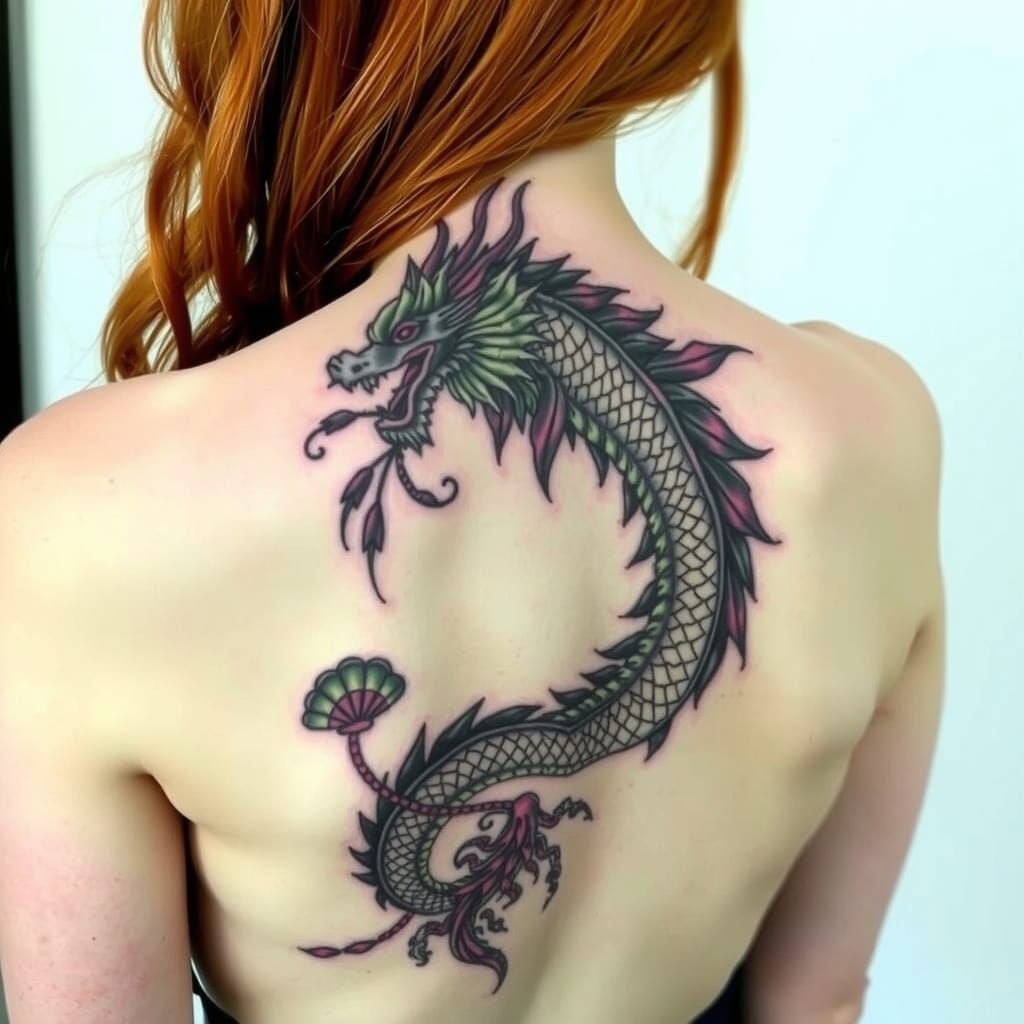 Dragon Tattoo on Redhead Woman's Back