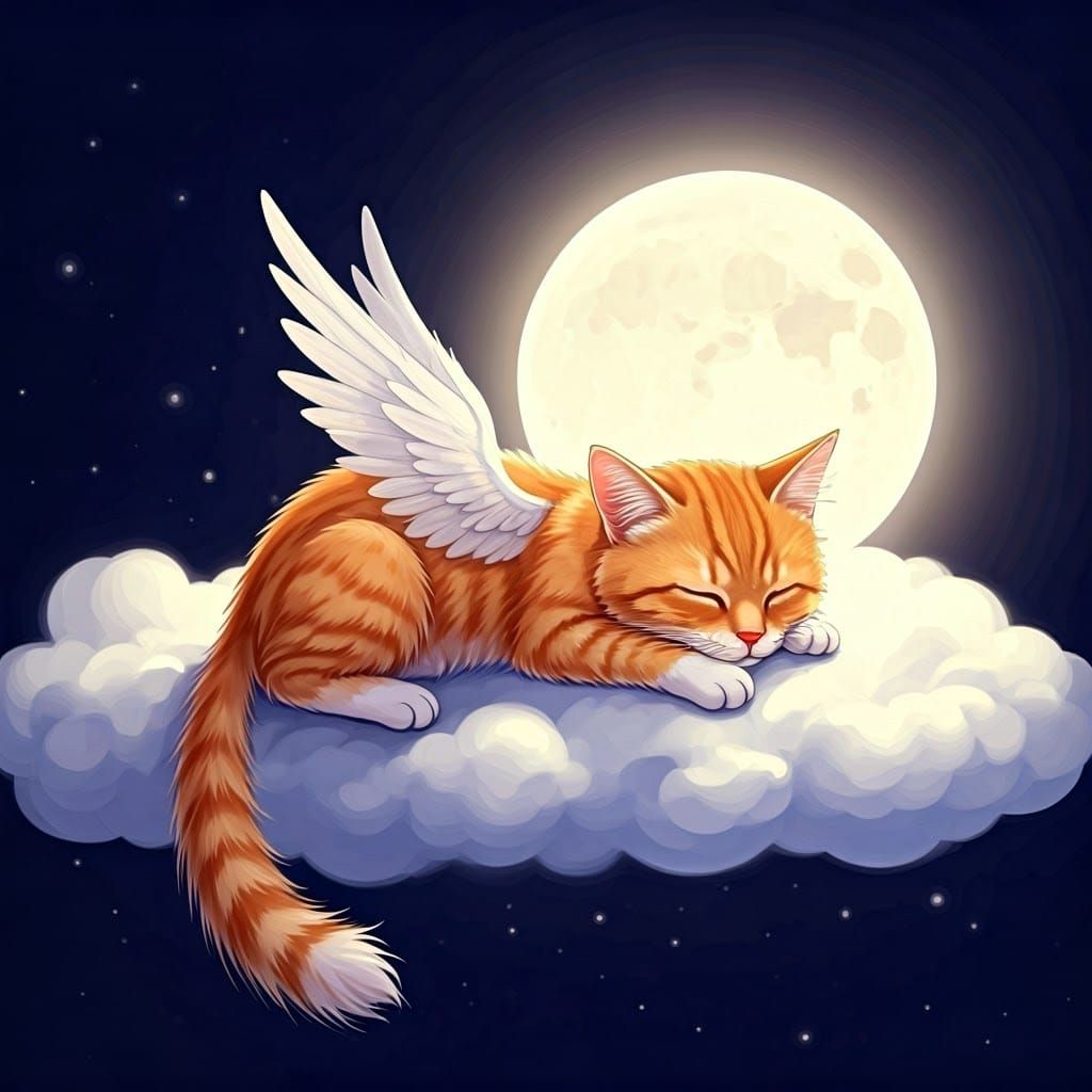 Ginger Cat Angel Slumbers on Celestial Cloud