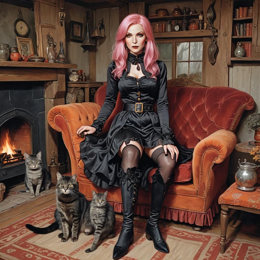 Elegant Witch in Cottage with Alchemy Station