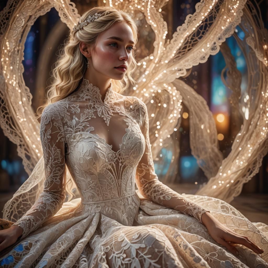 Woman in Lace Gown Under Volumetric Lights