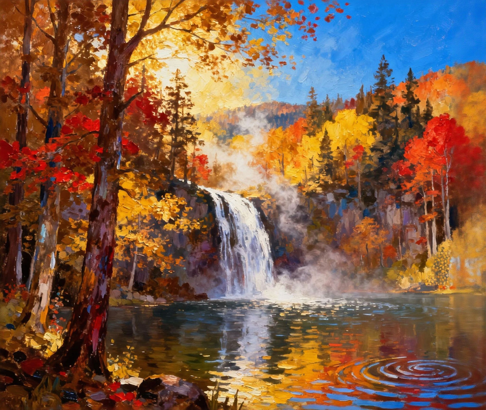 Majestic Autumn Waterfall Painting in Vivid Forest Tones