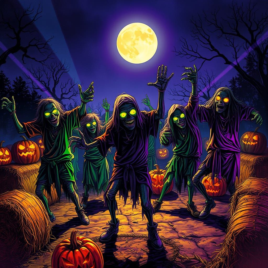 Ghoulish Zombies Dance at Harvest Festival Under Full Moon